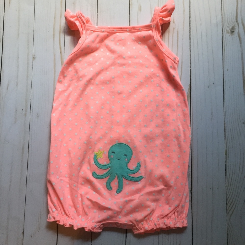 Neon Coral Pink Octopus Onesie Romper Beach Girl